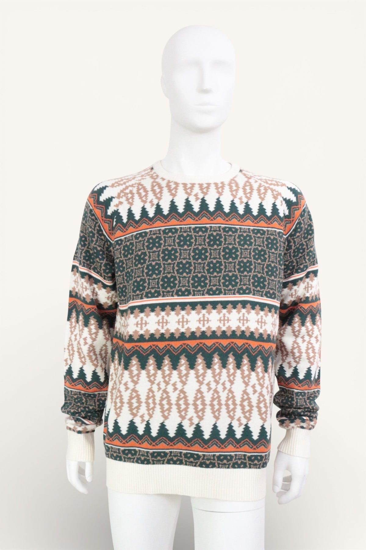 Pull Frippindealz en acrylique à motifs géométriques rétro vert, beige et orange sur mannequin