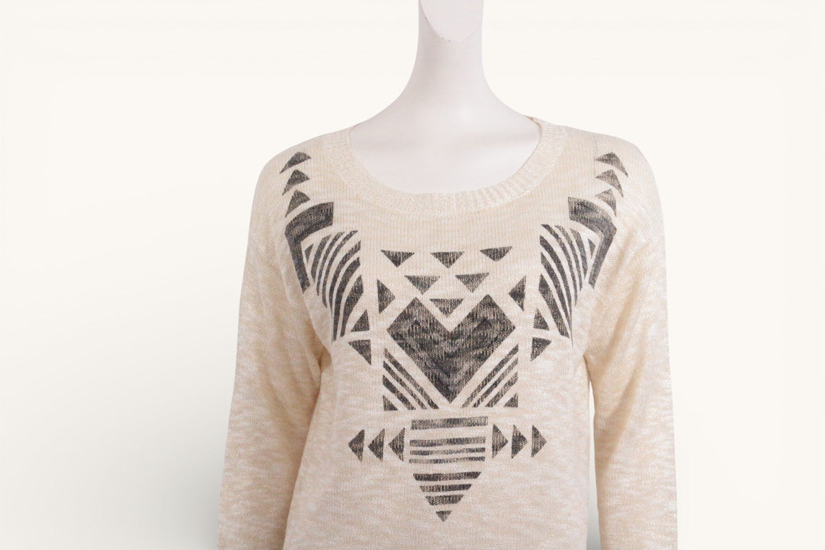 Pull Frippindealz en acrylique et coton beige doré avec motifs géométriques noirs sur le buste, taille M