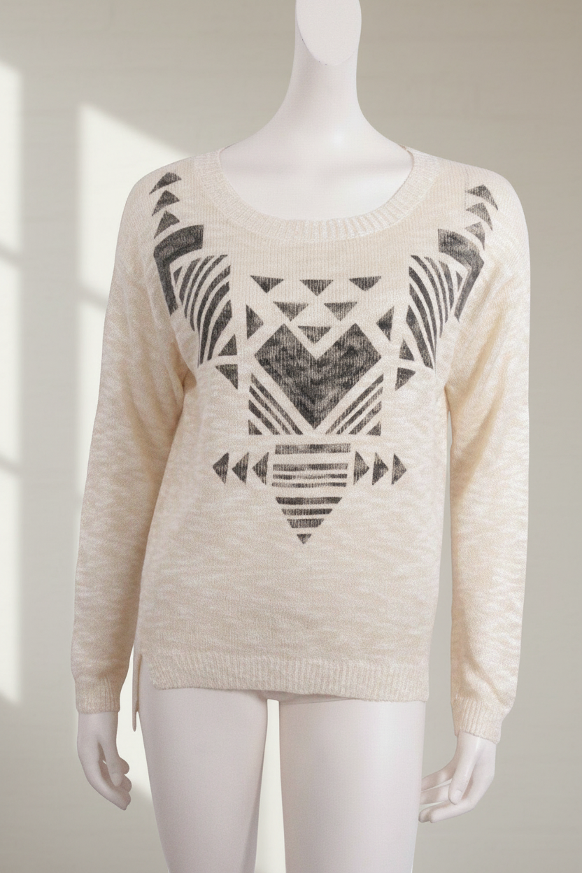 Pull Frippindealz beige et doré en acrylique et coton avec motif géométrique noir sur le buste, style trendy
