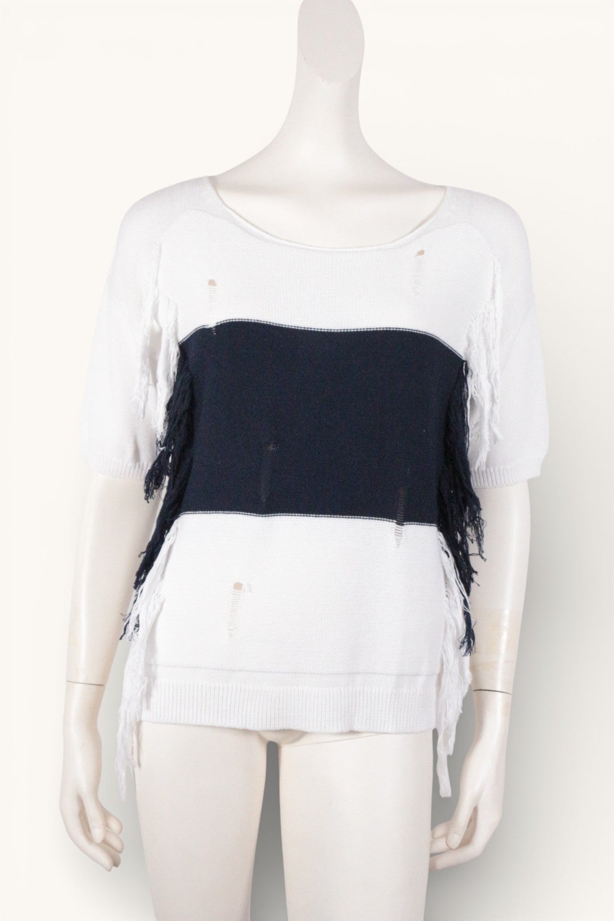 Pull Berenice Frippindealz en coton blanc et bleu marine avec détails effilés et style rebelle chic