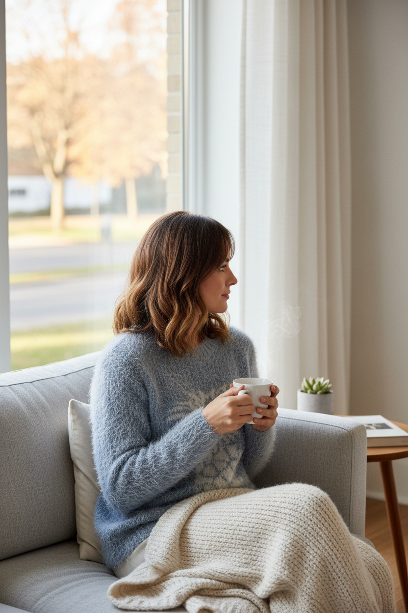 Femme portant un pull Frippindealz bleu et blanc en coton et polyester, assise confortablement sur un canapé.