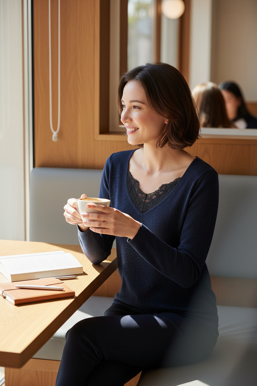 Femme souriante portant un pull bleu marine Bréal en polyester avec détails en dentelle au col dans un café