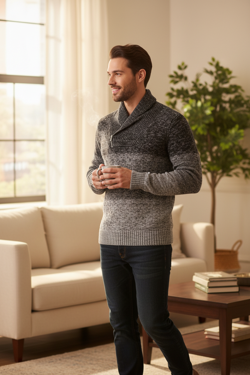 Homme portant un pull Armand Thierry en coton noir et blanc avec col châle zippé dans un salon lumineux