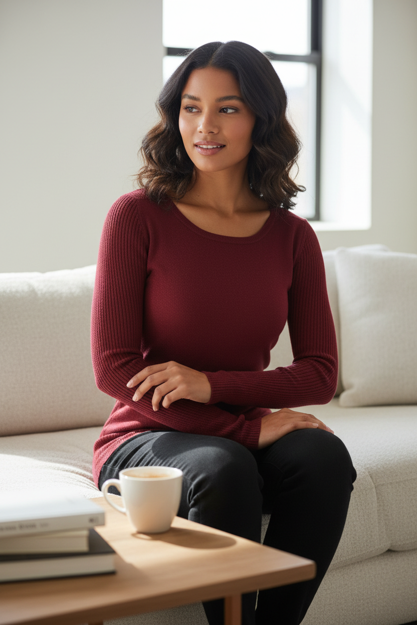 Femme portant un pull EDC bordeaux en viscose côtelée, assise sur un canapé, proposé par Frippindealz.