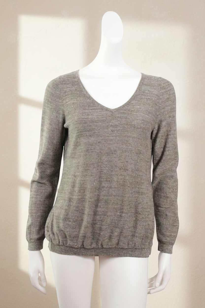 Pull femme Grain de malice Frippindealz en maille mélangée dorée et noire avec col en V, taille M, très bon état.