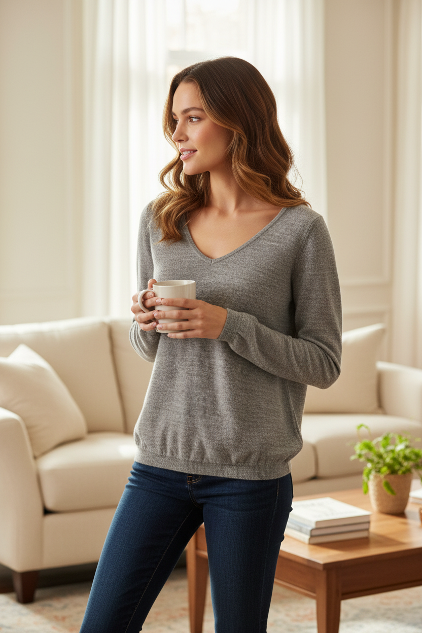 Femme portant un pull Grain de malice gris à col en V, tenant une tasse dans un salon lumineux.
