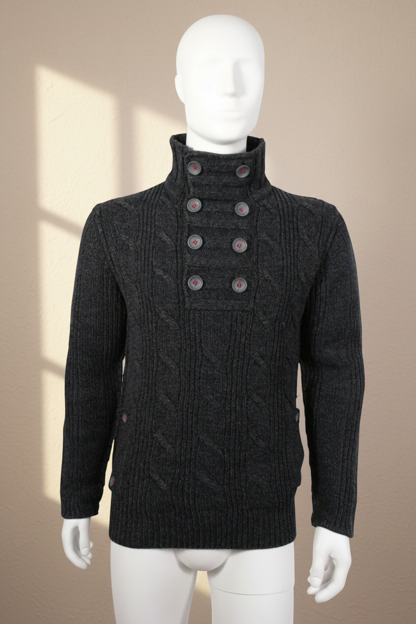 Pull homme Frippindealz CCNT en acrylique gris foncé avec col montant boutonné et motif texturé sur mannequin