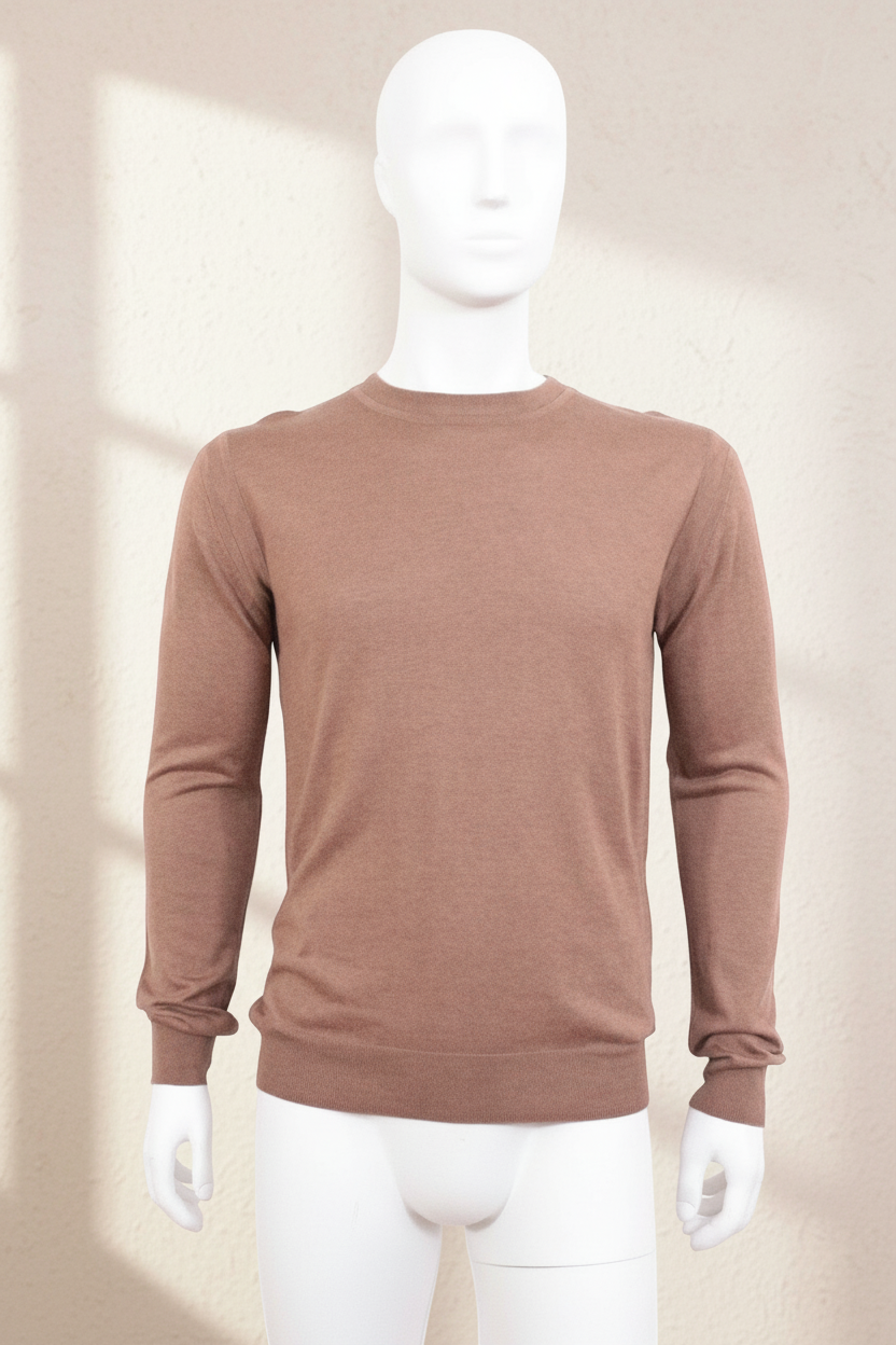 Pull homme marron en mélange coton et soie Frippindealz, coupe classique à col rond, style chic et décontracté
