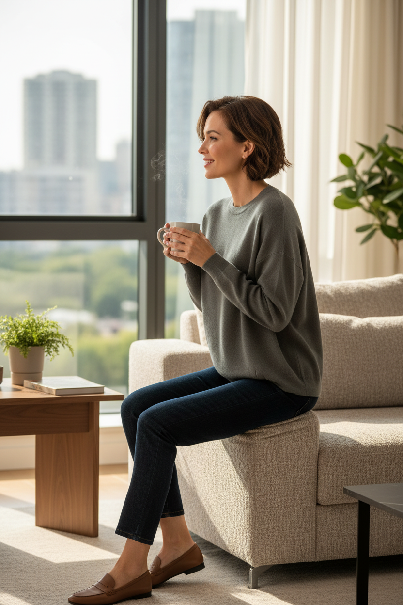 Femme portant un pull kaki ample Frippindealz en maille douce, assise près d'une fenêtre avec une tasse fumante.