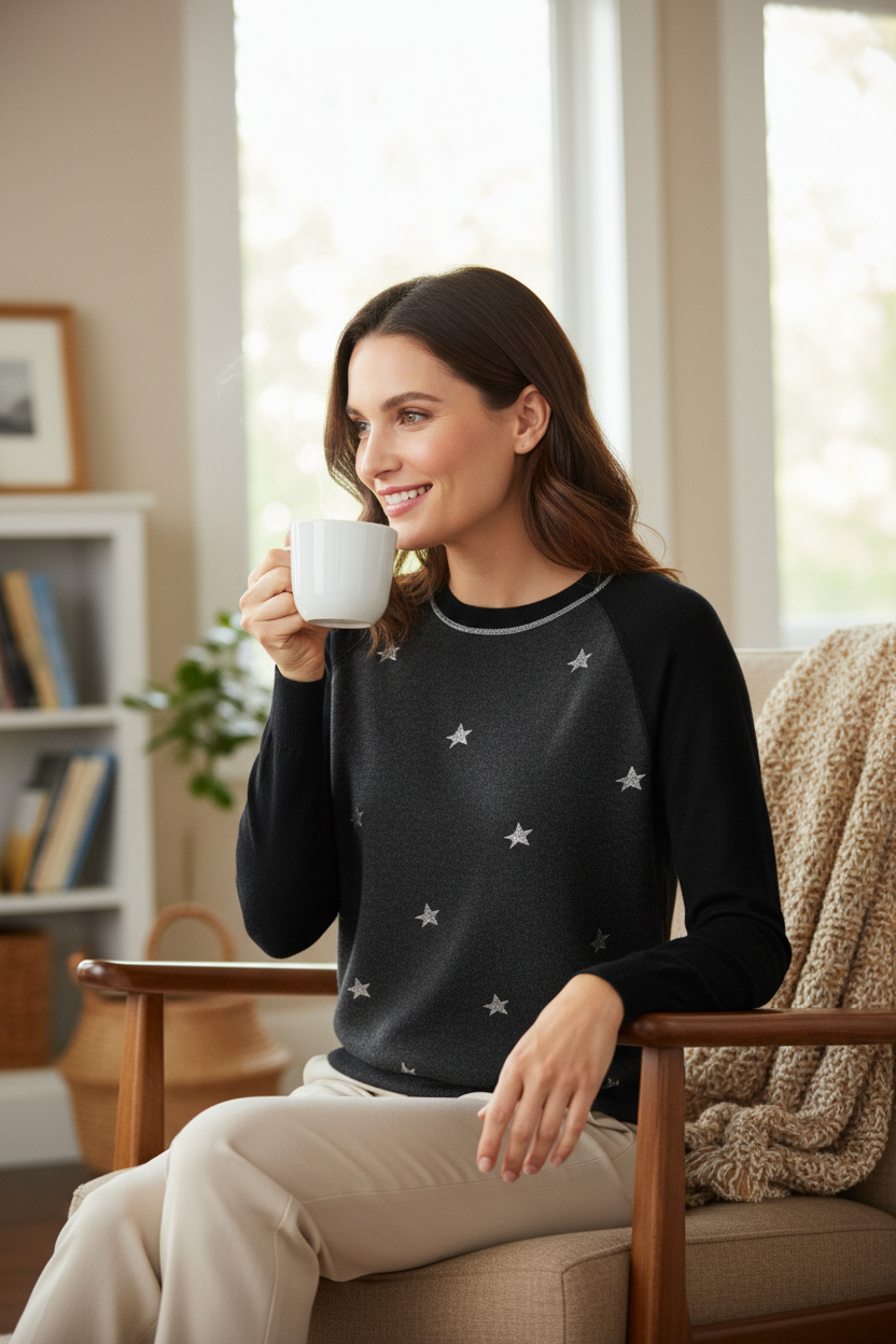 Femme souriante portant un pull noir en laine mérinos Frippindealz avec motifs étoiles et détails lurex brillants