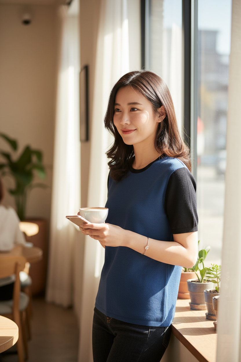 Femme portant un pull long Frippindealz bleu et noir en laine et acrylique, tenant une tasse de café près d'une fenêtre