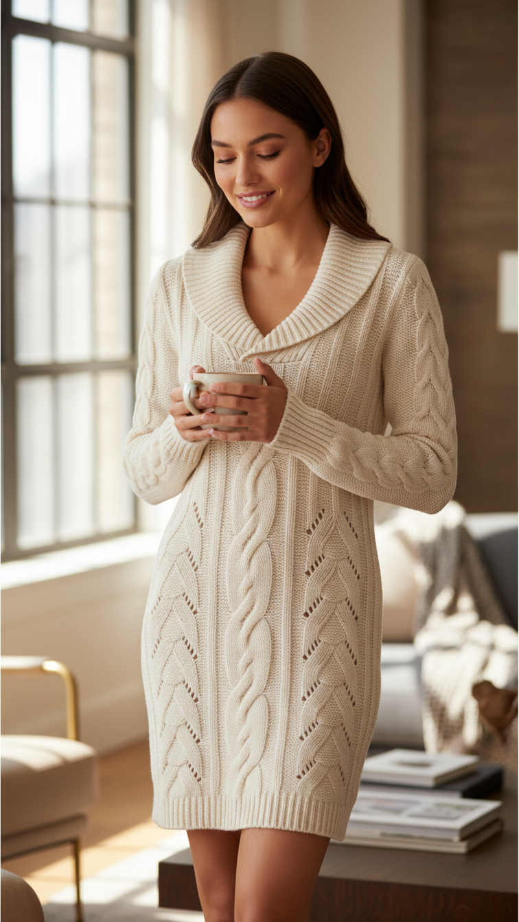 Femme portant un pull long Frippindealz crème en maille torsadée avec col châle, style élégant et confortable