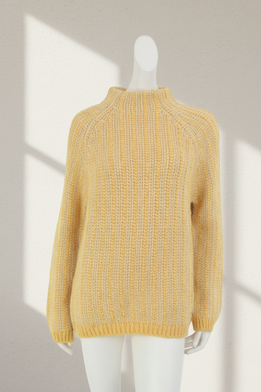 Pull Frippindealz Marc O Polo en maille côtelée jaune, mélange de coton, acrylique et laine, coupe décontractée.