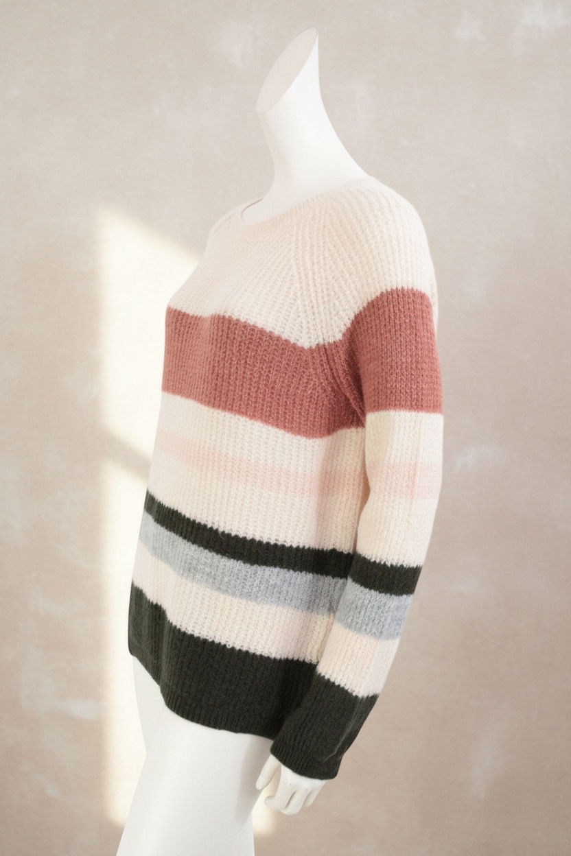Pull Frippindealz en maille rayée beige, marron, gris et vert, coupe décontractée, neuf avec étiquettes.