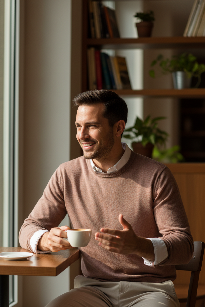 Homme souriant portant un pull marron en coton et soie Frippindealz, assis à une table de café avec un café.