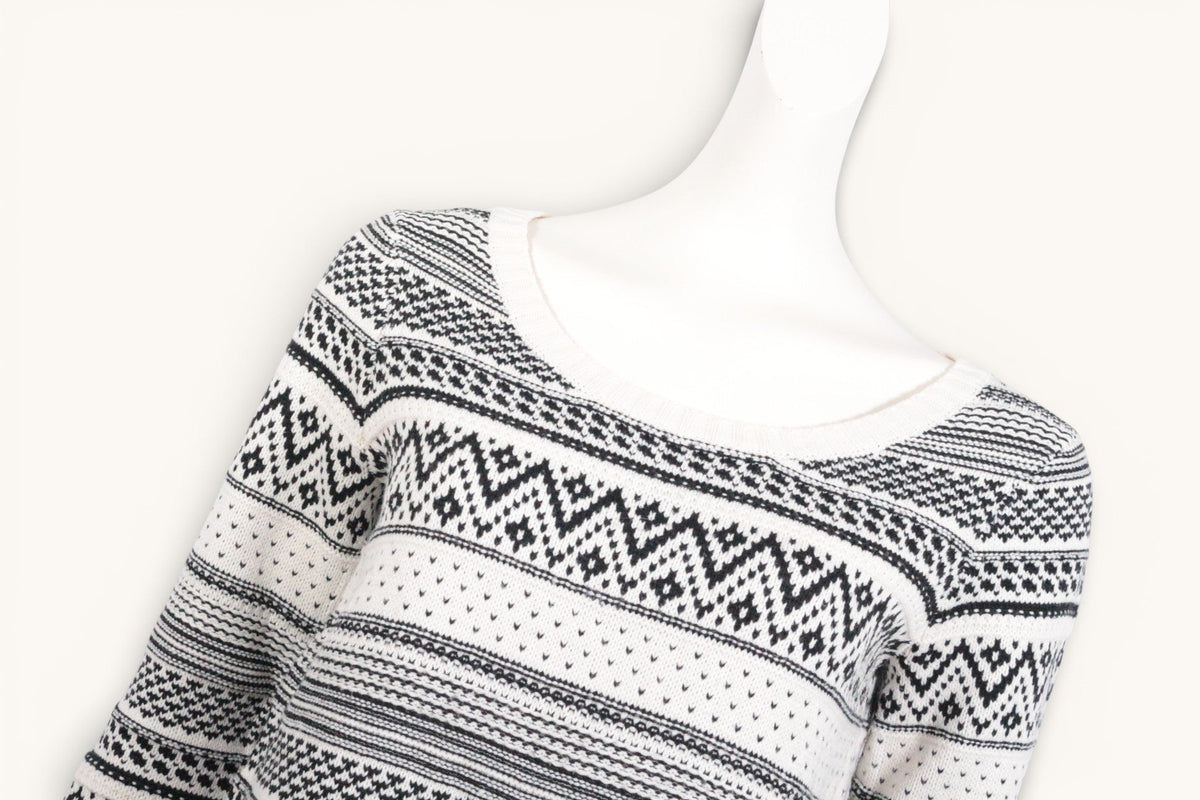 Pull Mim Frippindealz en acrylique noir et blanc avec motifs géométriques et col rond, taille M