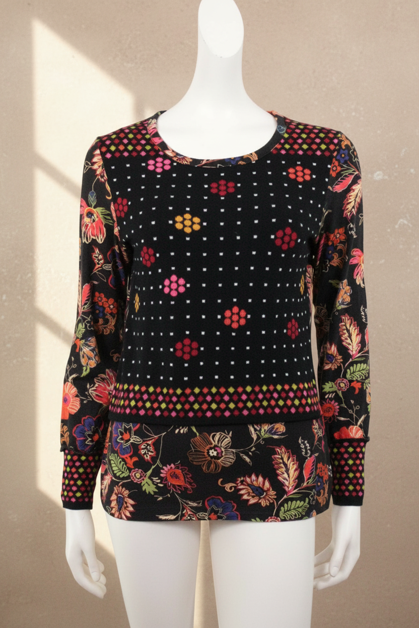 Pull Frippindealz Olivier Philips noir à motifs floraux et géométriques colorés, col rond, manches longues