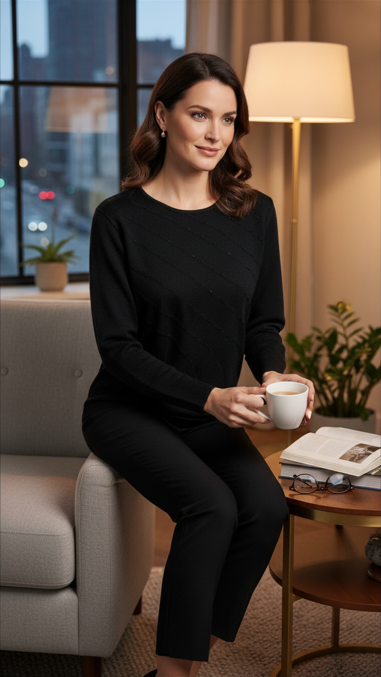 Femme portant un pull noir Lewinger en laine et acrylique, assise dans un salon élégant avec une tasse de café.