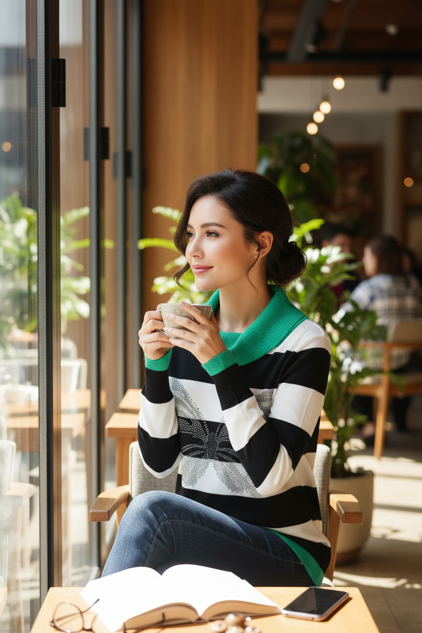 Femme portant un pull Frippindealz rayé noir et blanc avec col vert et motif papillon en strass dans un café