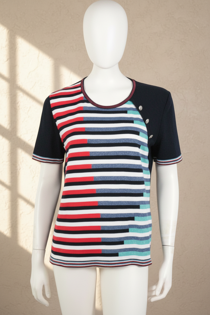 Pull Frippindealz La boutique Rodam à rayures bleu marine, rouge et bleu, manches courtes, taille XXL, col rond.