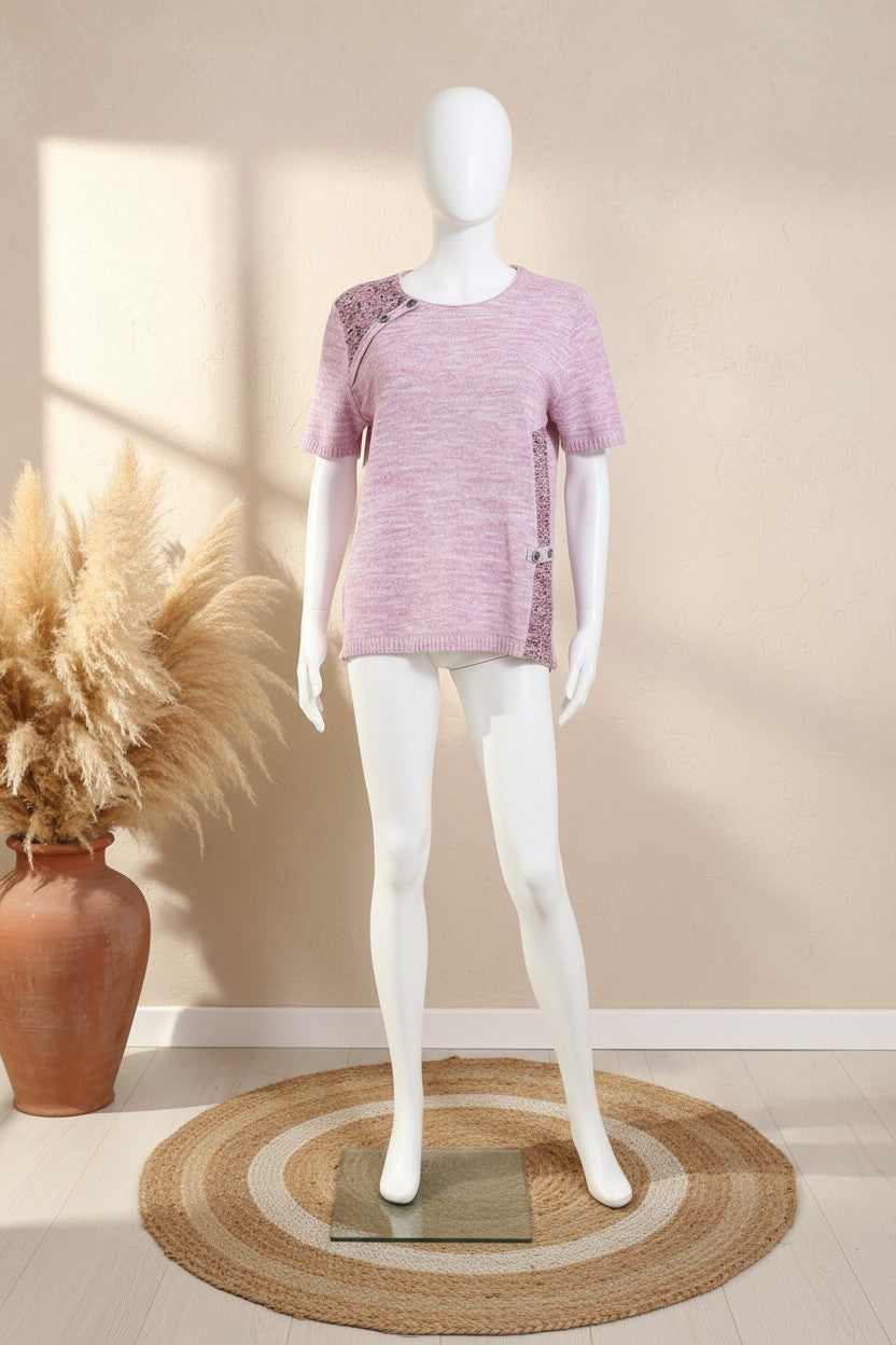 Pull Frippindealz tel telle rose chiné en maille fantaisie avec boutons décoratifs sur l'épaule et les côtés