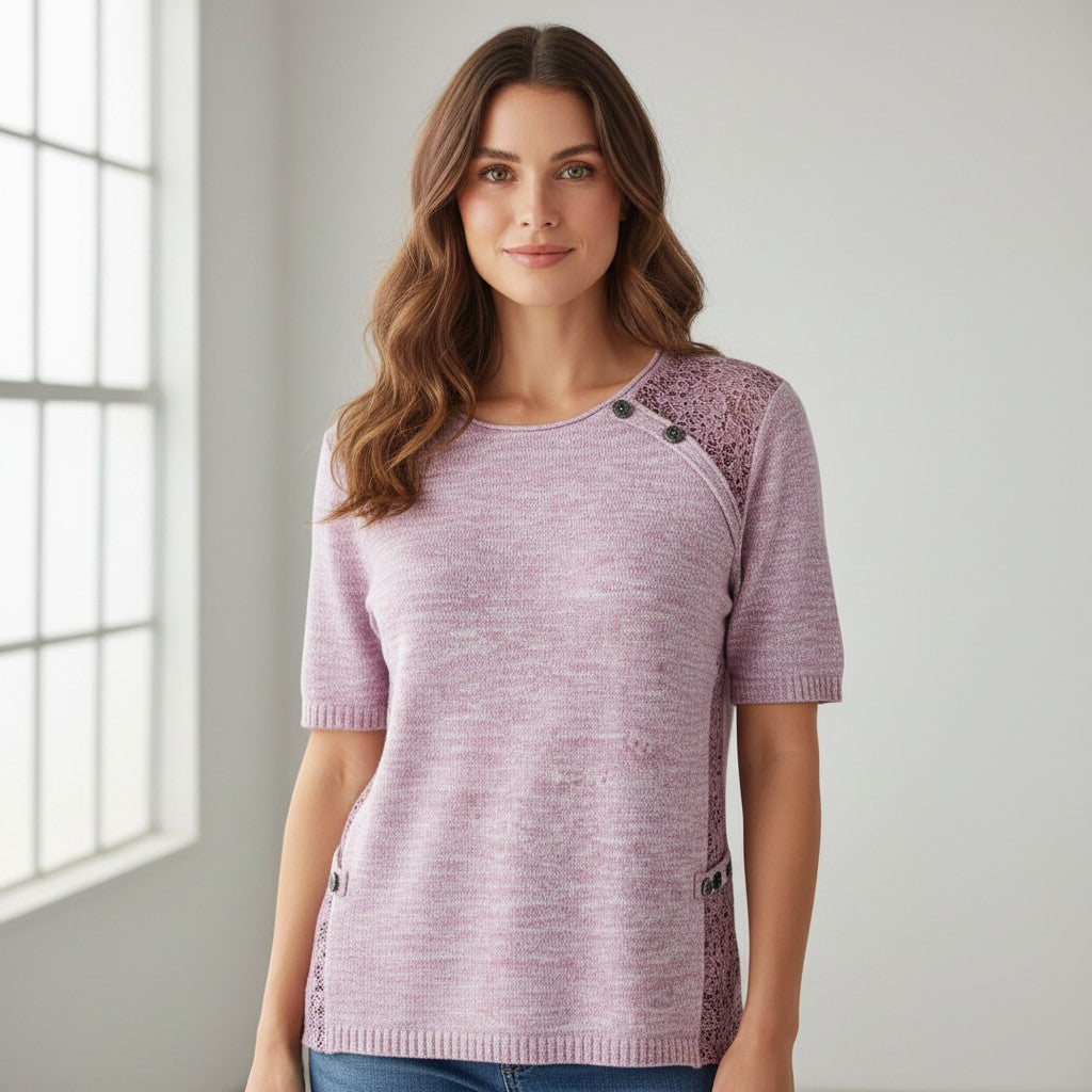Pull Frippindealz tel telle rose chiné en maille avec détails texturés et boutons décoratifs sur l'épaule