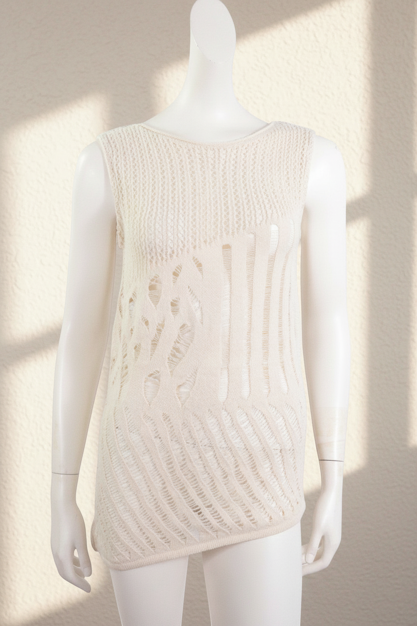 Pull sans manches Frippindealz Zara en maille ajourée couleur crème, mélange coton et polyester, coupe élégante