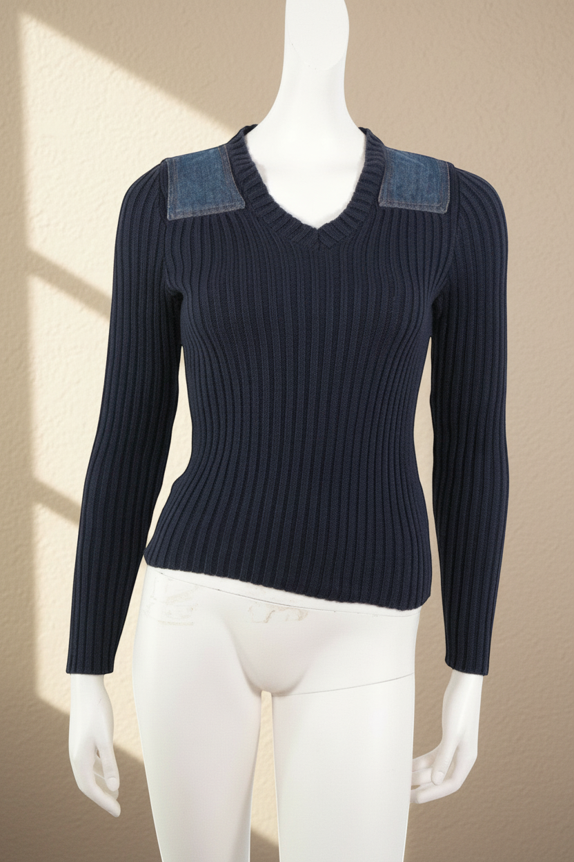 Pull Frippindealz Zara bleu marine en maille côtelée avec détails d'épaules en denim sur mannequin