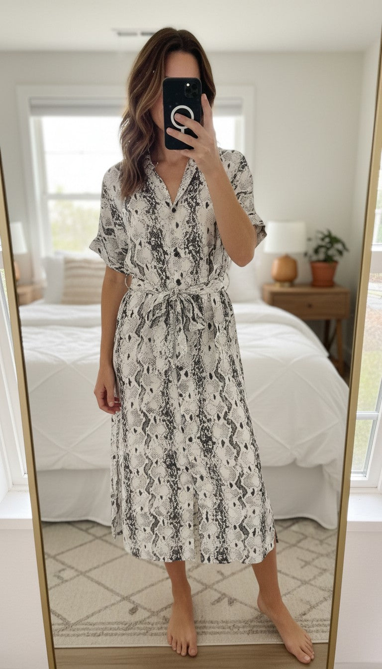 Frippindealz long viscose dress with python print in beige and brown, featuring a tie waist and short sleeves.