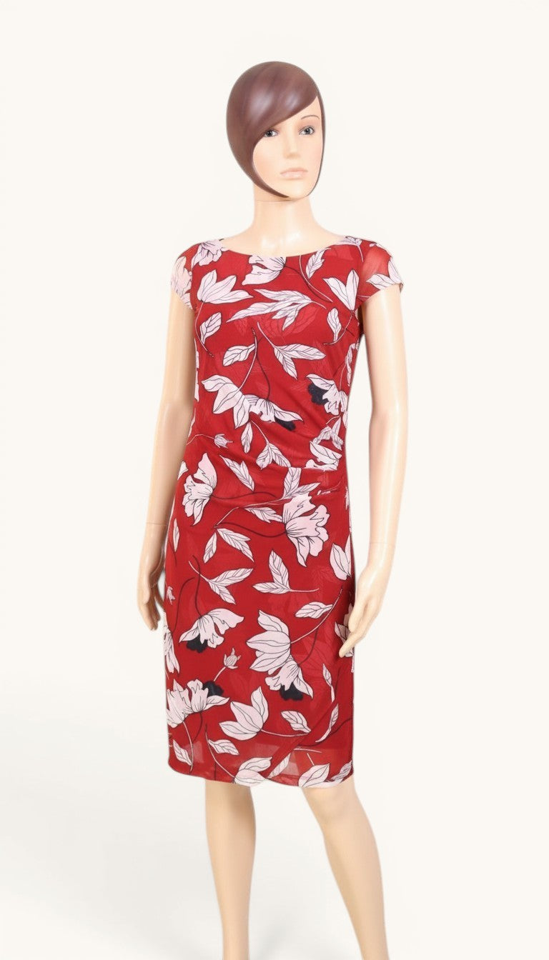 Frippindealz red floral print sheath dress made of polyamide and elastane, perfect for special occasions.