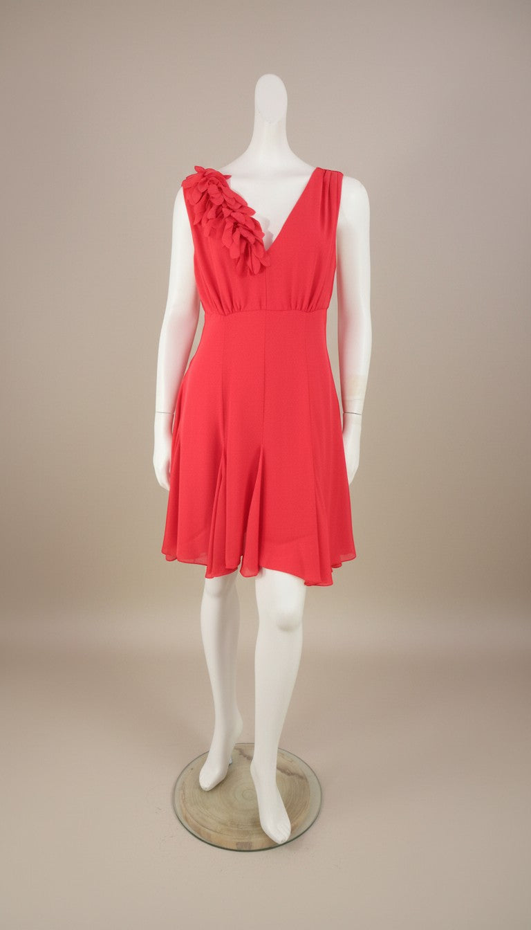 Frippindealz red polyester short dress with floral shoulder detail and V-neck. Flattering fit, perfect for parties.