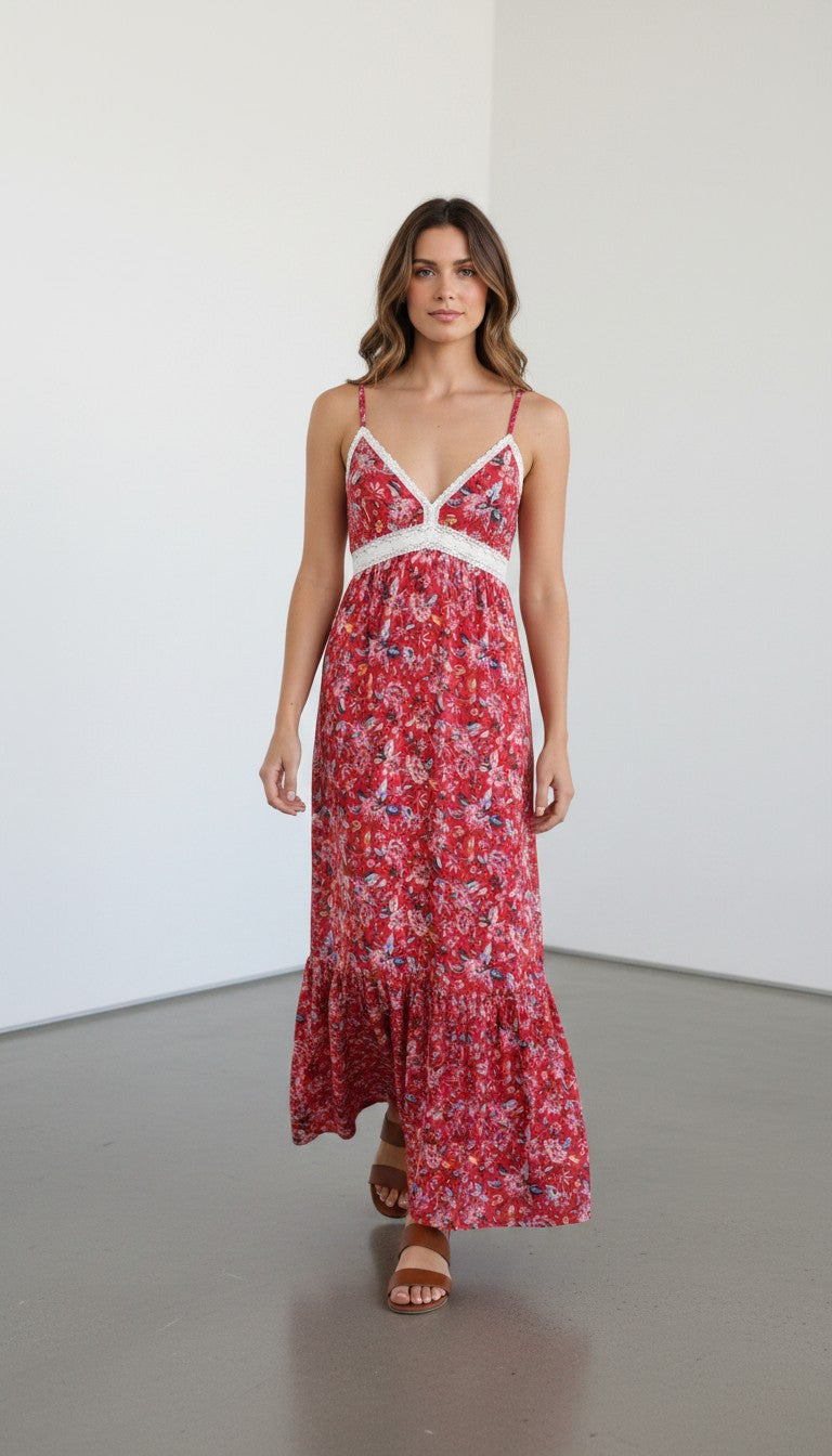 Frippindealz red viscose maxi dress with floral print, white lace trim, and thin straps. Flowy tiered skirt.