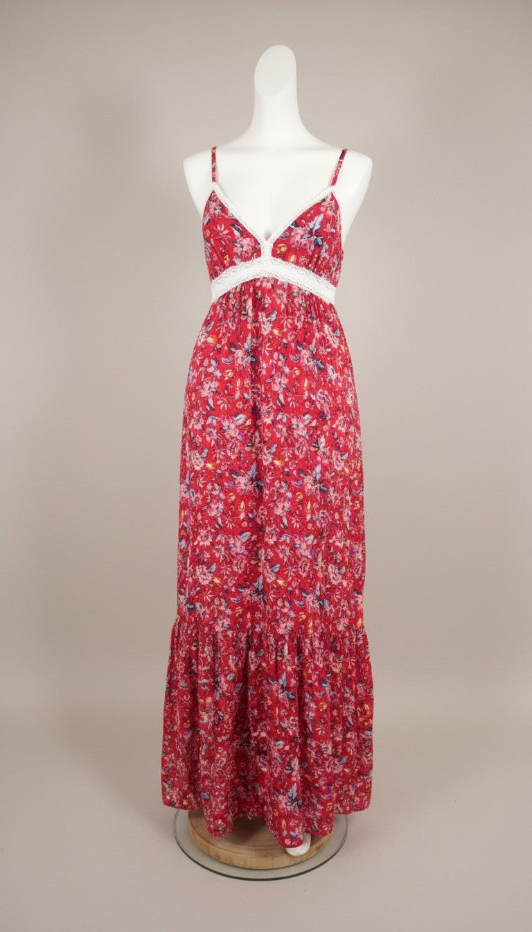 Frippindealz red viscose maxi dress with floral print, lace trim, and thin straps. Flowy tiered skirt.