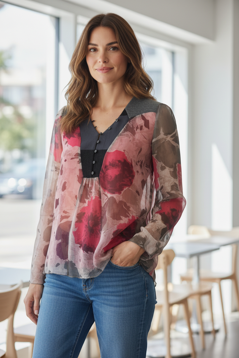 Frippindealz One Step red and pink floral print silk-cotton blend top with V-neck and button detail.