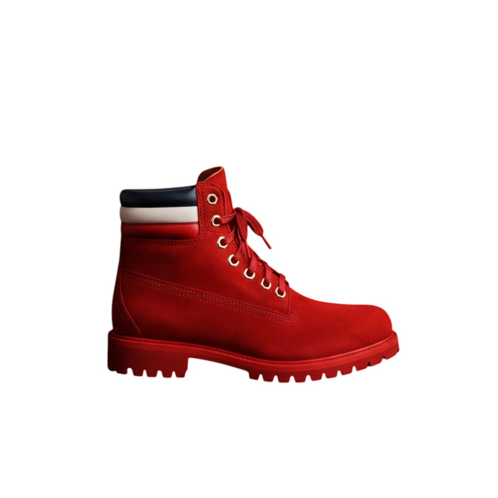 Frippindealz red suede lace-up boots with white and navy ankle detail. Leather construction.