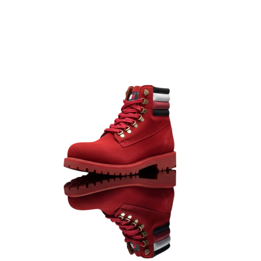Frippindealz Tommy Hilfiger red suede lace-up boots with white and black stripe detail on collar.