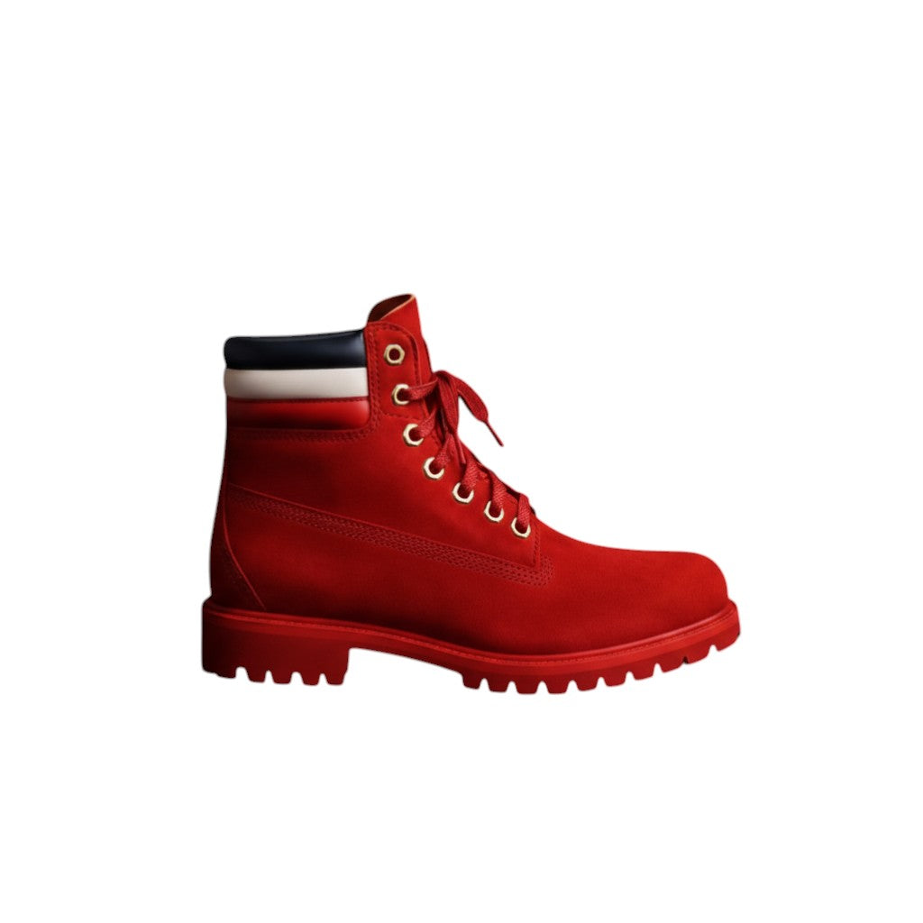Frippindealz Tommy Hilfiger red suede lace-up boots with white and navy trim. Leather.