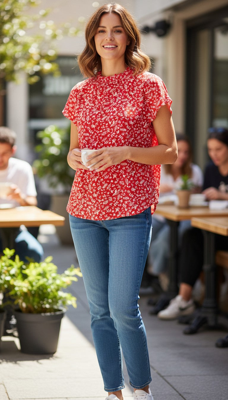 Frippindealz red and white floral print viscose blouse, size L. Short sleeves, round neckline, nature-inspired pattern.