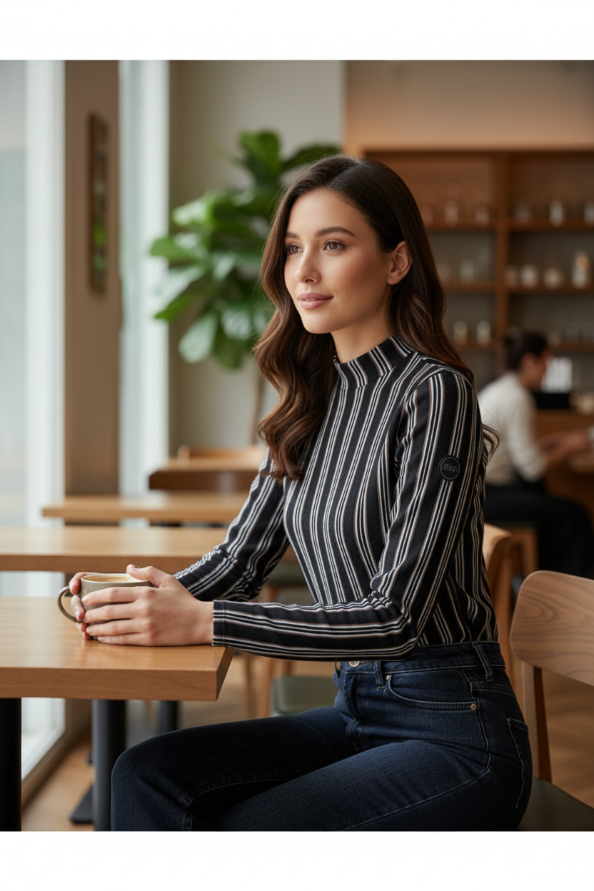 Femme portant un top Frippindealz River Island à rayures verticales noir et blanc avec col montant dans un café