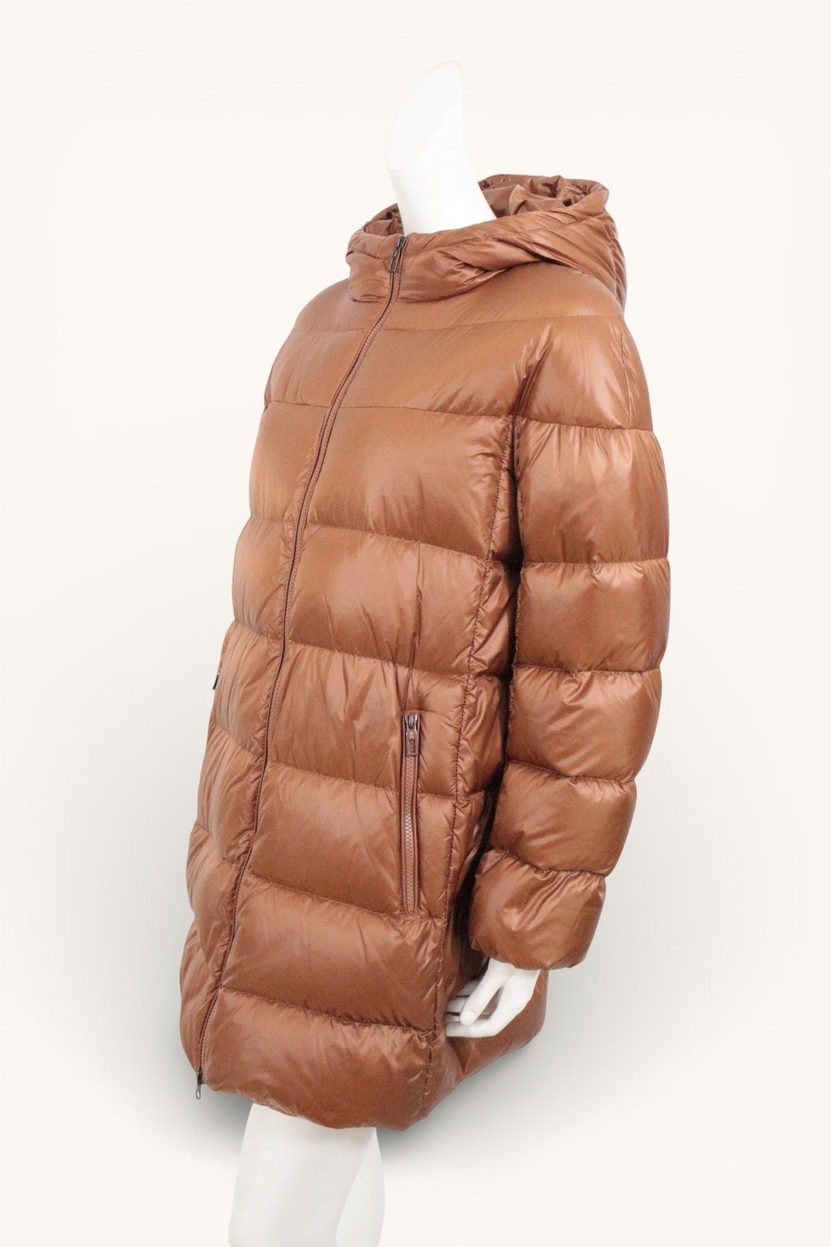 Doudoune mi-longue Frippindealz River Woods marron brillant en duvet avec capuche et fermeture zippée
