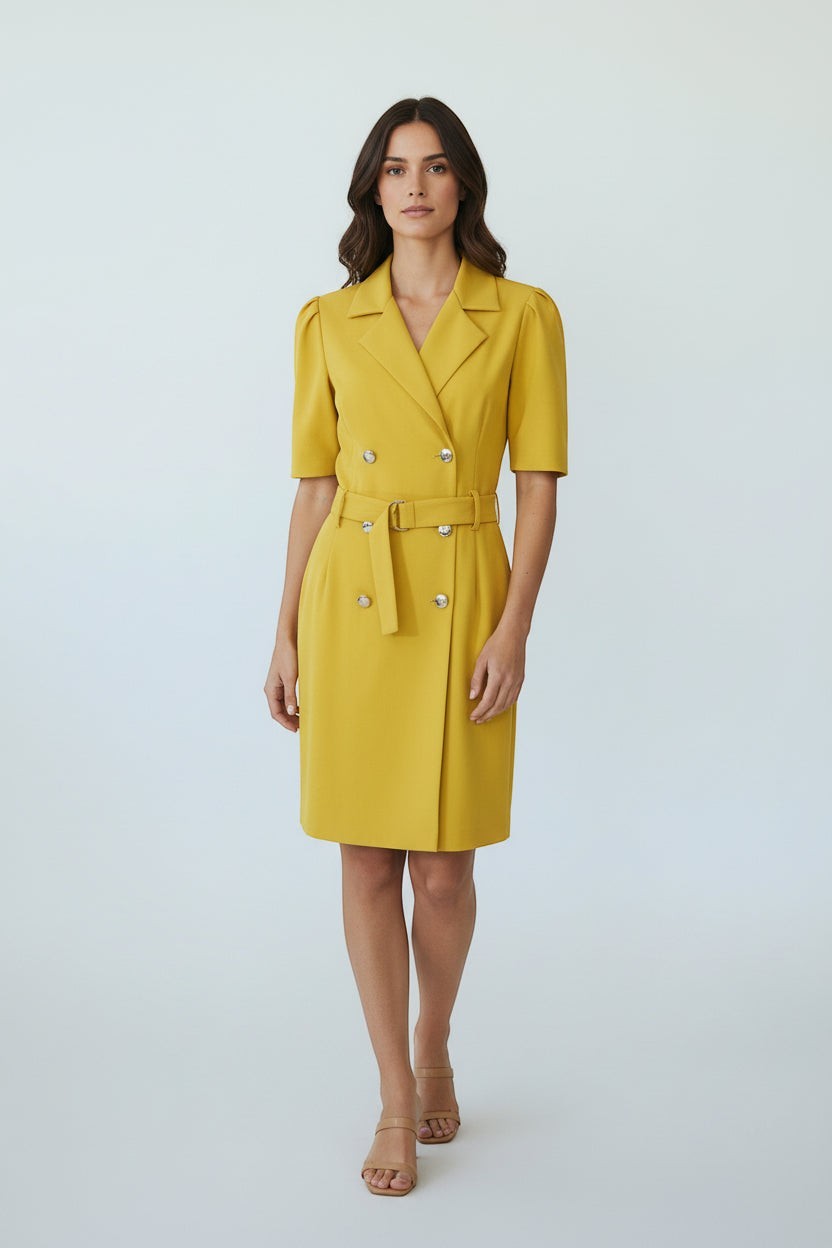 Frippindealz Robe blazer jaune polyester mi-longue avec ceinture et boutons argentés, coupe droite.