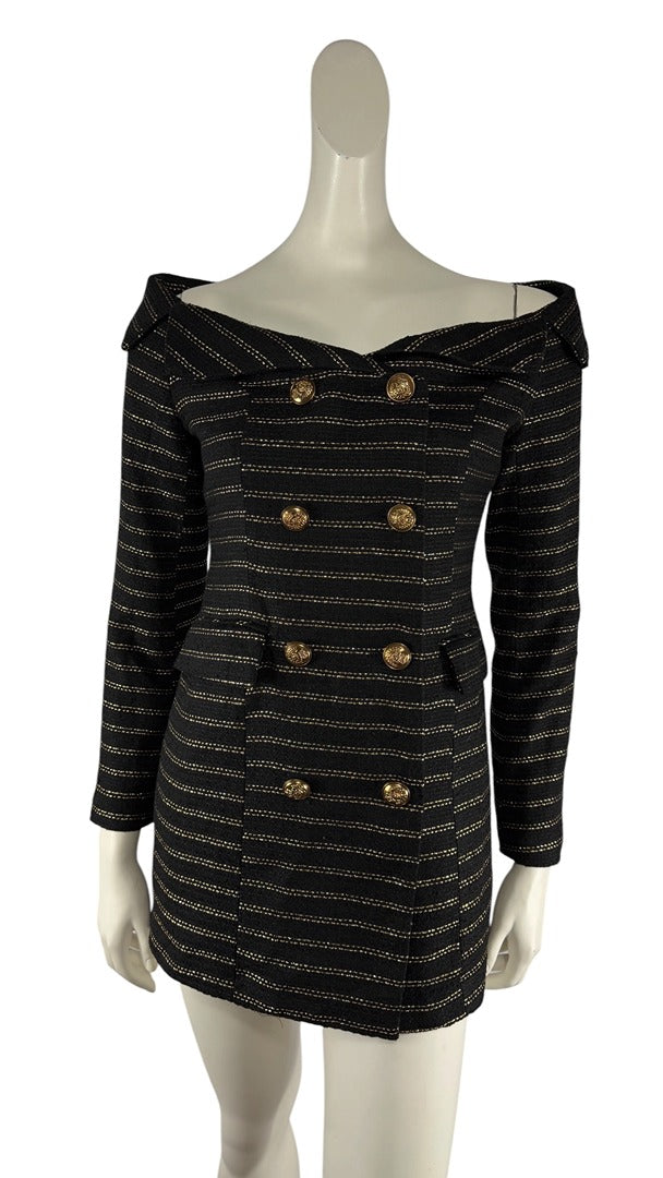 Robe blazer Frippindealz noire en tweed avec épaules dénudées, double boutonnage doré et rayures brillantes