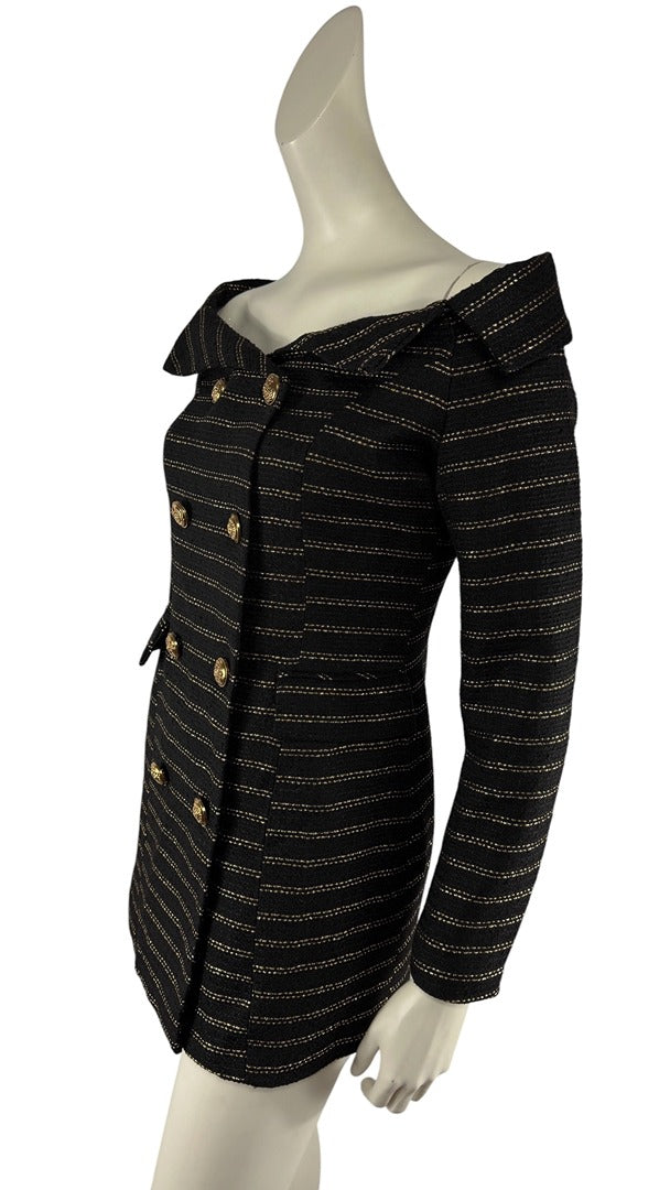 Robe blazer Frippindealz noire en tweed avec encolure épaules dénudées et boutons dorés style chic old money