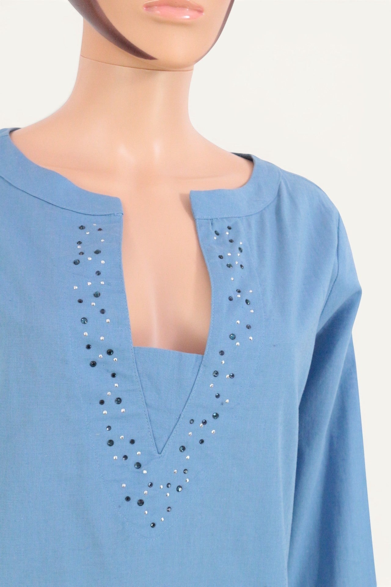 Robe bleue en lin et coton de Frippindealz, ornée de perles, col en V, taille M