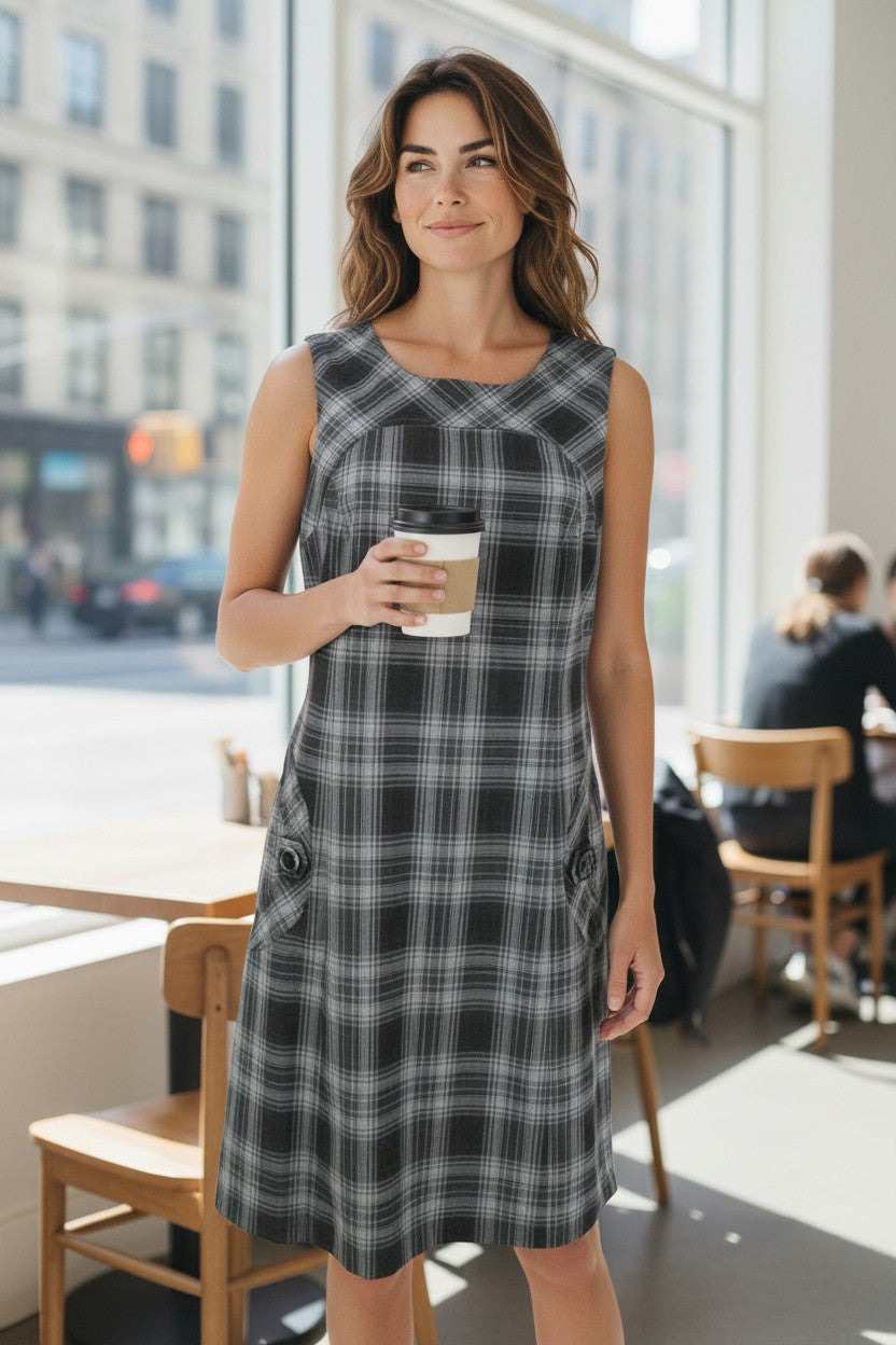 Robe Caroll à carreaux noir et gris en polyester et viscose, sans manches, avec poches boutonnées. Fabriquée en France.