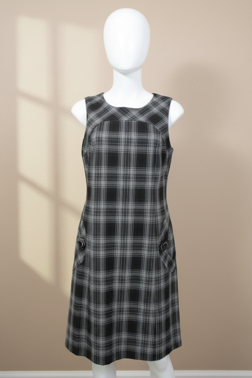 Robe sans manches Frippindealz Caroll à carreaux noirs et gris en polyester et viscose, coupe élégante et classique.