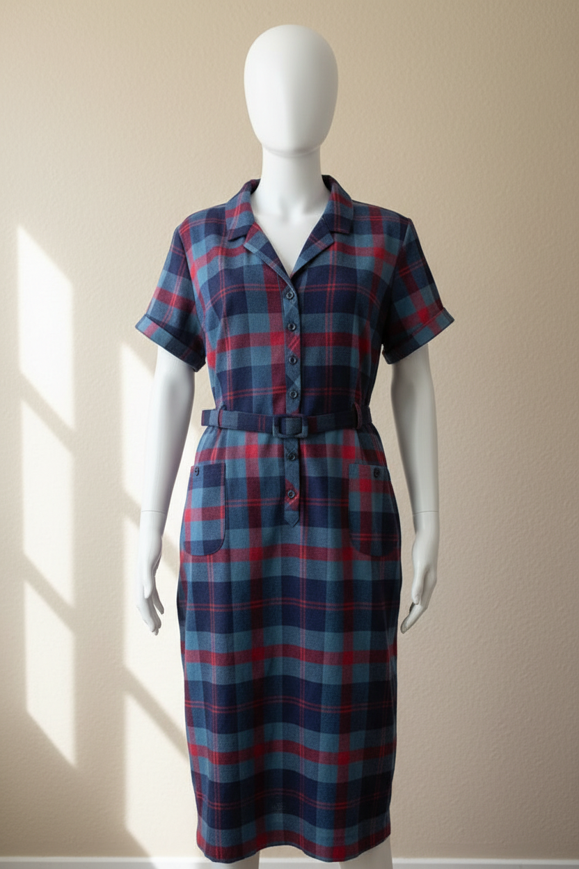 Robe chemise Frippindealz Collectif Vintage à carreaux bleu et rouge avec ceinture et poches plaquées