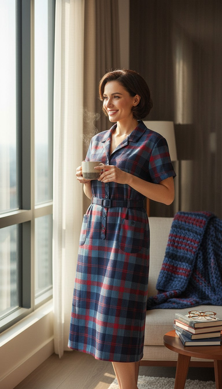 Femme souriante portant une robe chemise Frippindealz Collectif Vintage à carreaux bleus et rouges avec ceinture