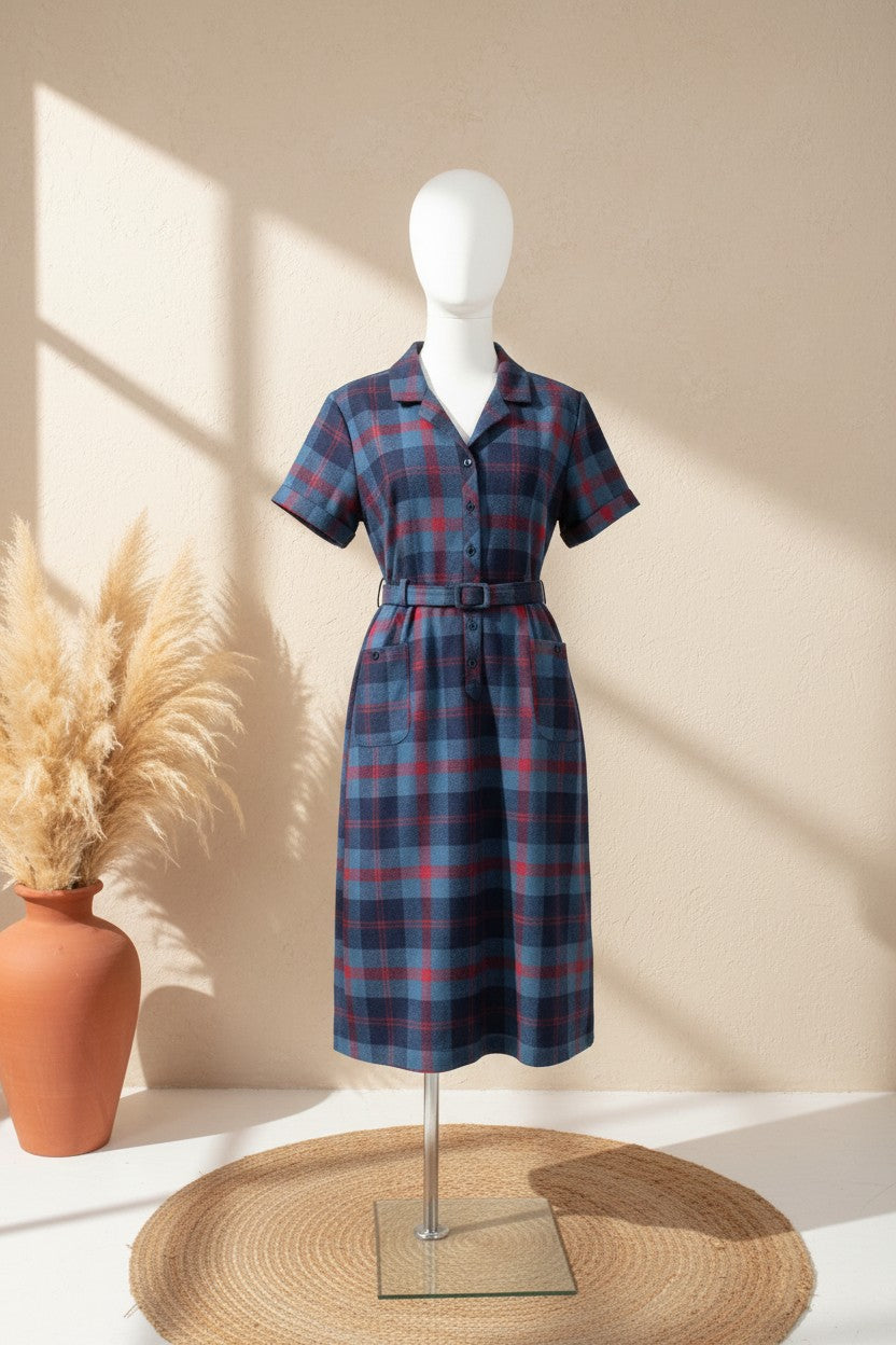 Robe chemise Frippindealz Collectif Vintage à carreaux bleu et rouge avec ceinture et poches sur mannequin