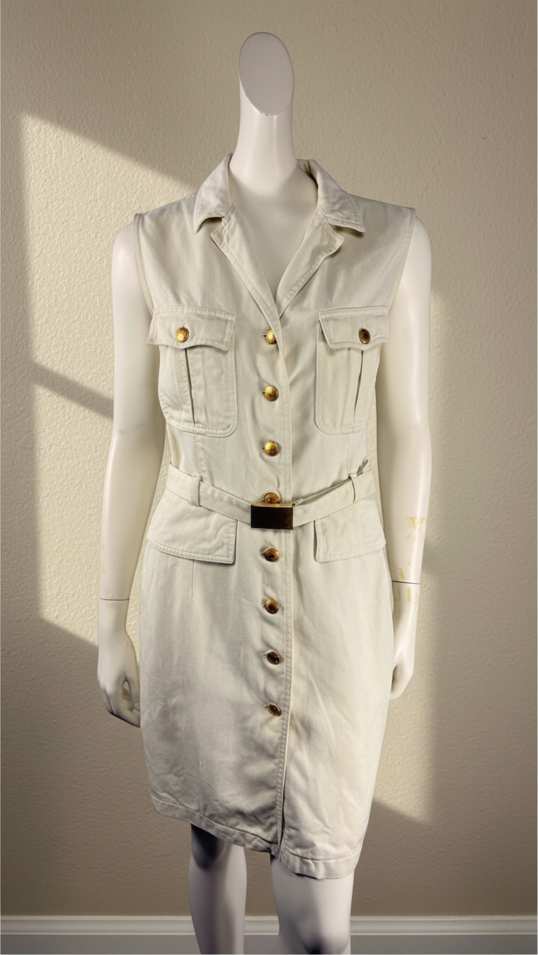 Robe chemise Frippindealz crème sans manches en tencel avec boutons dorés et ceinture, style vintage élégant